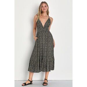 Lulus Summertime Scene Black Floral Backless Midi Dress With Pockets - Size S